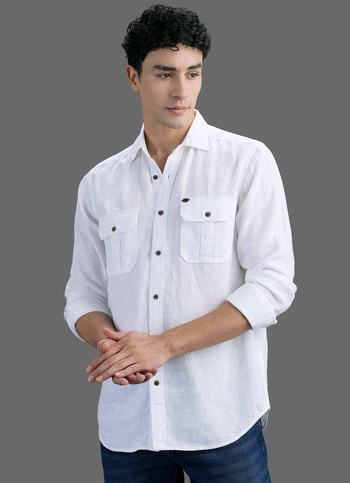 Men White Solid Pure Linen Safari Long Sleeve Shirt