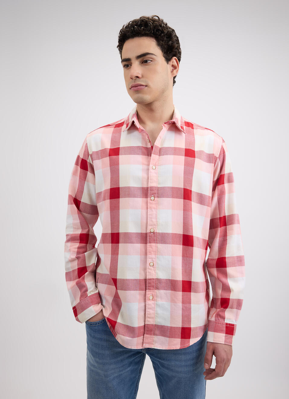 Men Peach Check Full Sleeve Shirt, , large image number 1