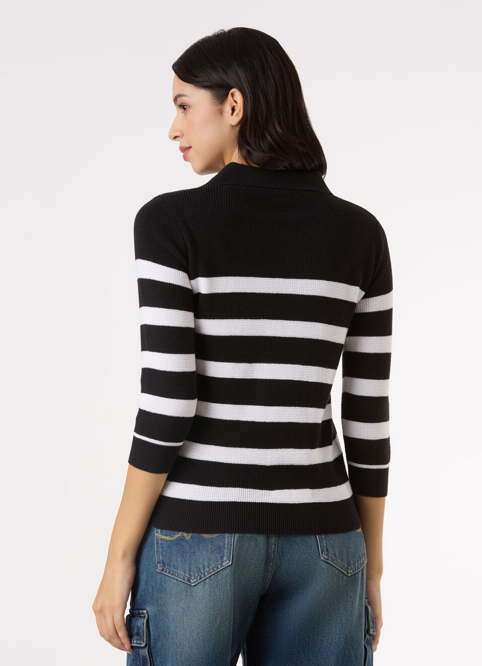 Women Black Horizontal Stripe Regular Polo Top With 3/4 Sleeve, , large image number 2