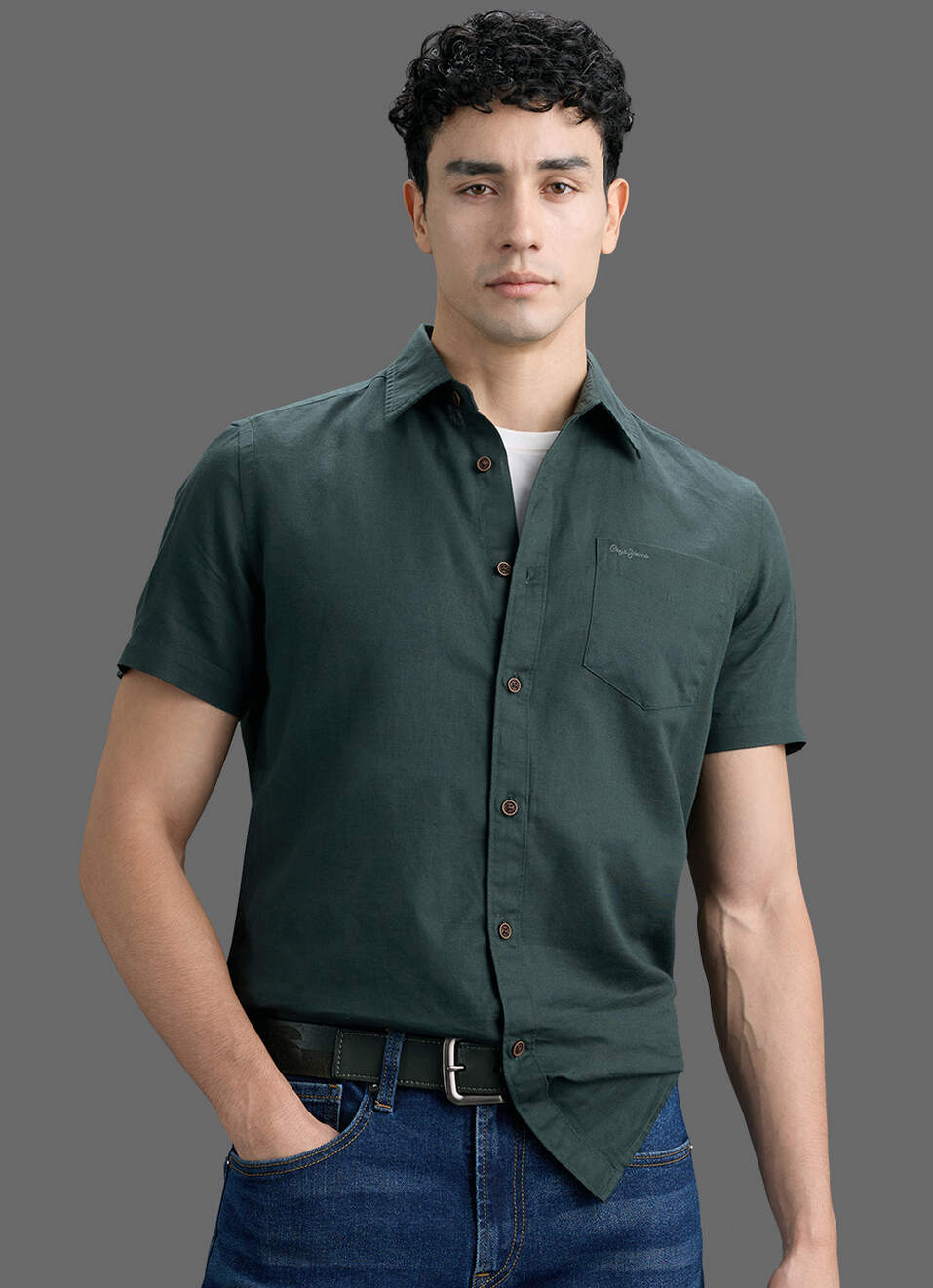 Men Dark Green Solid Cotton Linen Shirt, , large image number 0