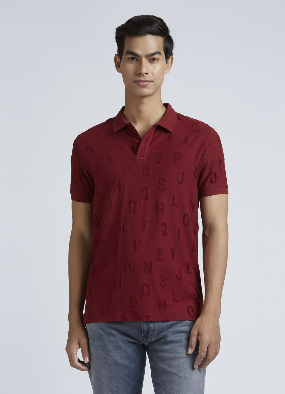 Burgundy Typographic Print Short Sleeve Polo, , large image number 1