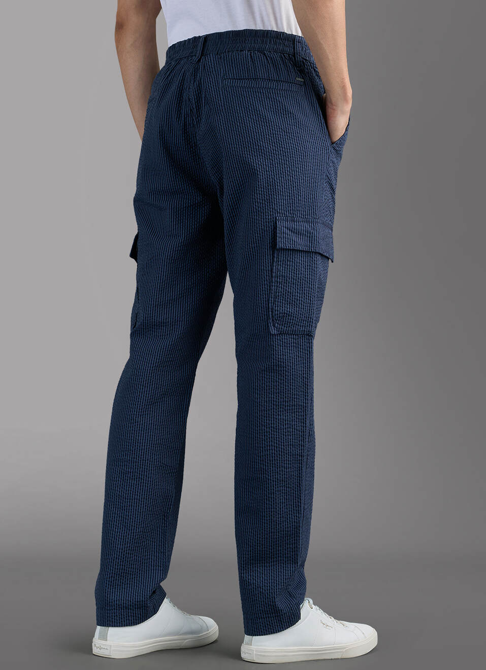 Men Navy Striped Mid Rise Cargo Pants, , large image number 3