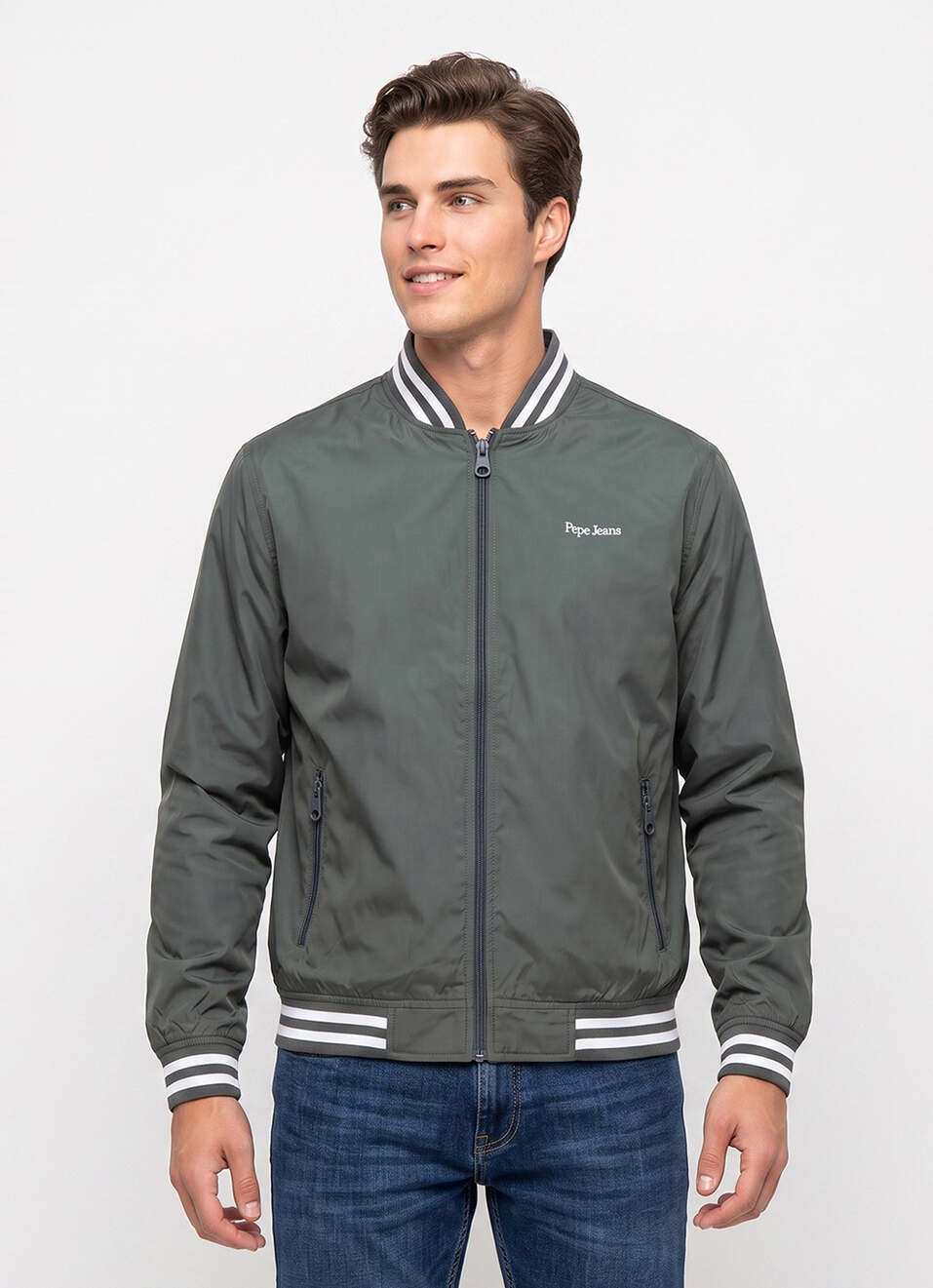 Men Green Solid Baseball Collar Long Sleeve Jacket, , large image number 1