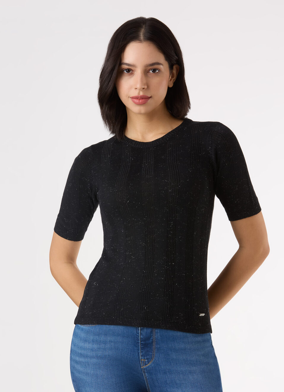 Women Black Textured Regular Half Sleeve Top, , large image number 1