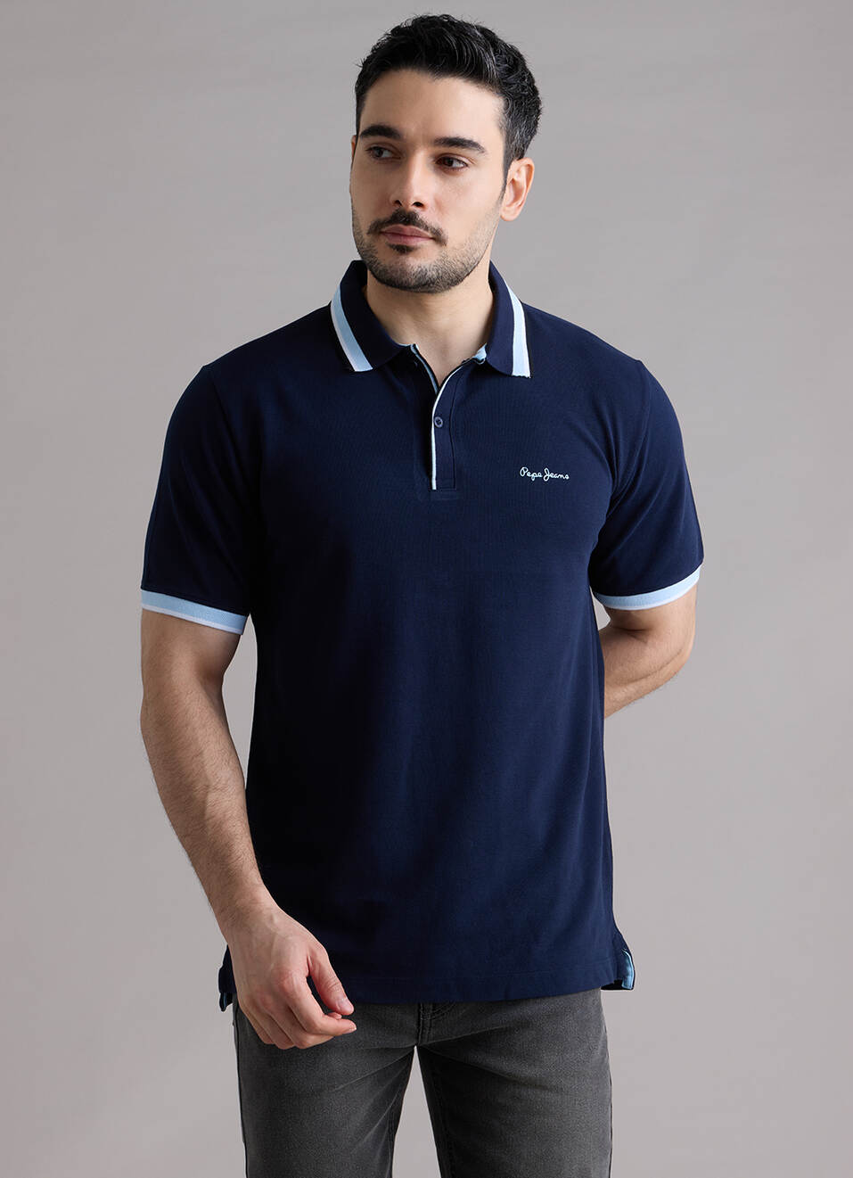 Men Navy Solid Polo Collar T-shirt, , large image number 1