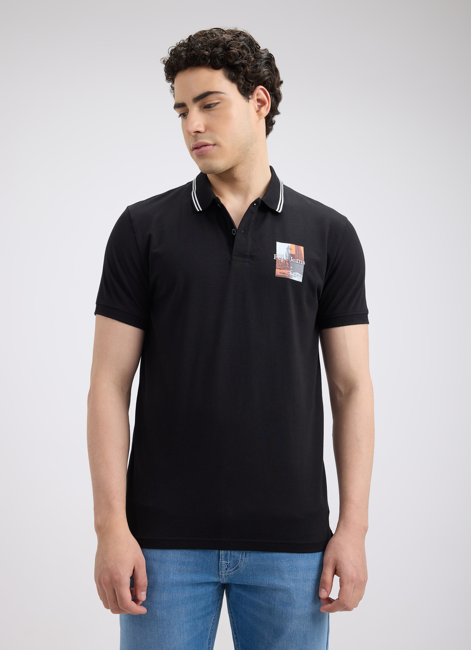Men Black Photographic Print Short Sleeve Stretch Polo, , large image number 1