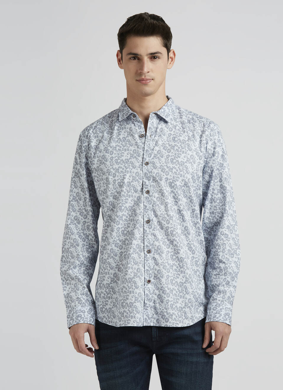 Grey Floral Full Sleeve Shirt, , large image number 1