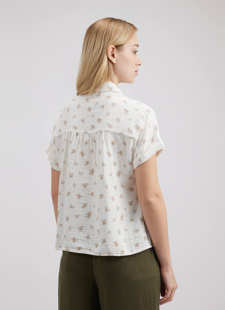 Women White Floral Print Short Sleeve Shirt, , large image number 1