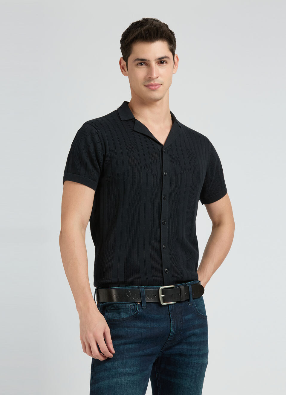 Black Resort Collar Short Sleeve Flat Knit Shirt, , large image number 0