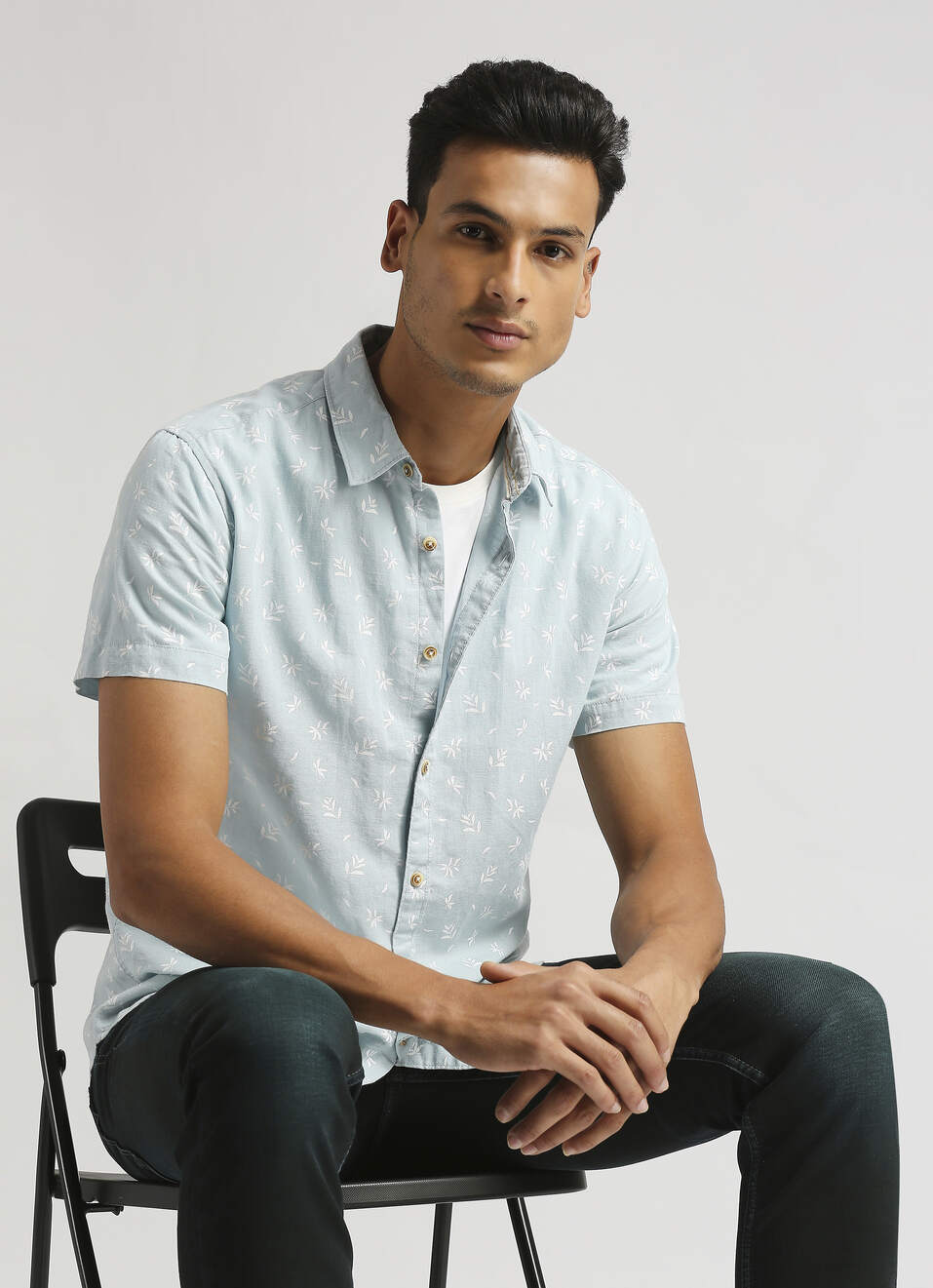 Blue All Over Printed Linen Short Sleeve Shirt, , large image number 0