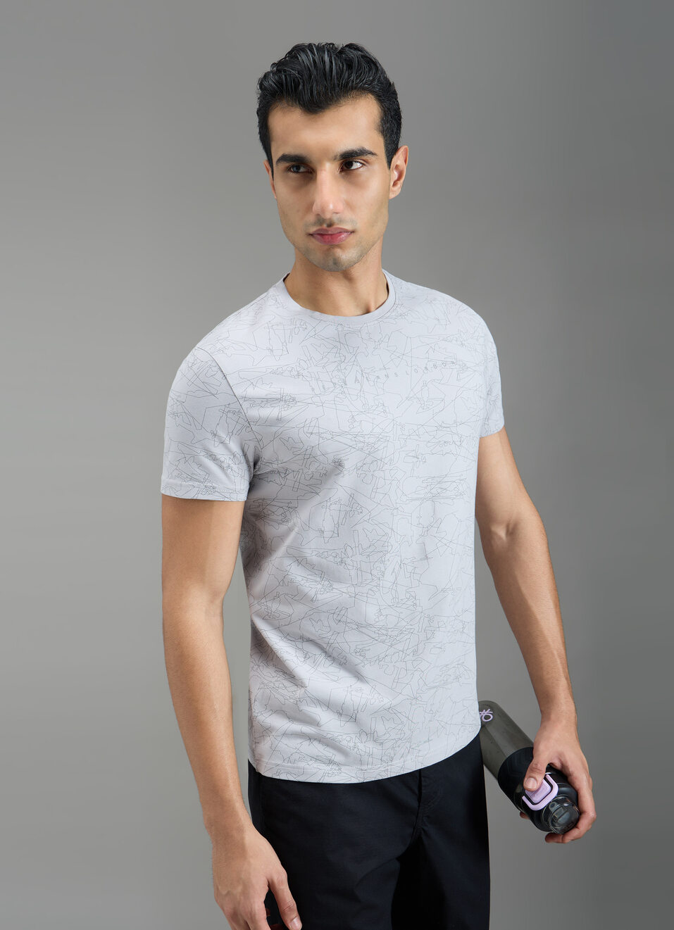 Men Grey Abstract Print Slim Fit T-shirt, , large image number 0