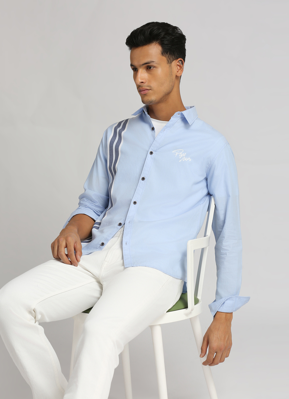 Sky Blue Yarn Dyed Placment Stripes Long Sleeve Shirt, , large image number 0