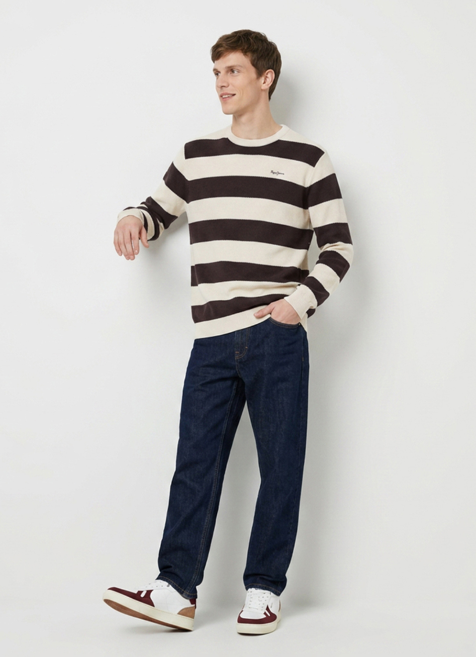 Men Brown Striped Full Sleeve Flat Knit Sweater, , large image number 5