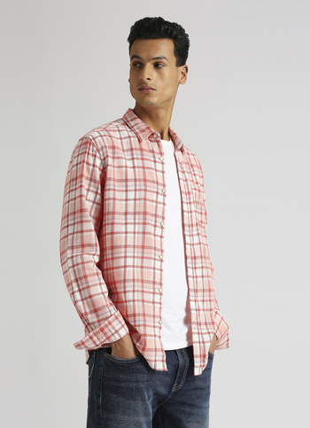 Peach Checks Yarn Dyed Long Sleeve Shirt