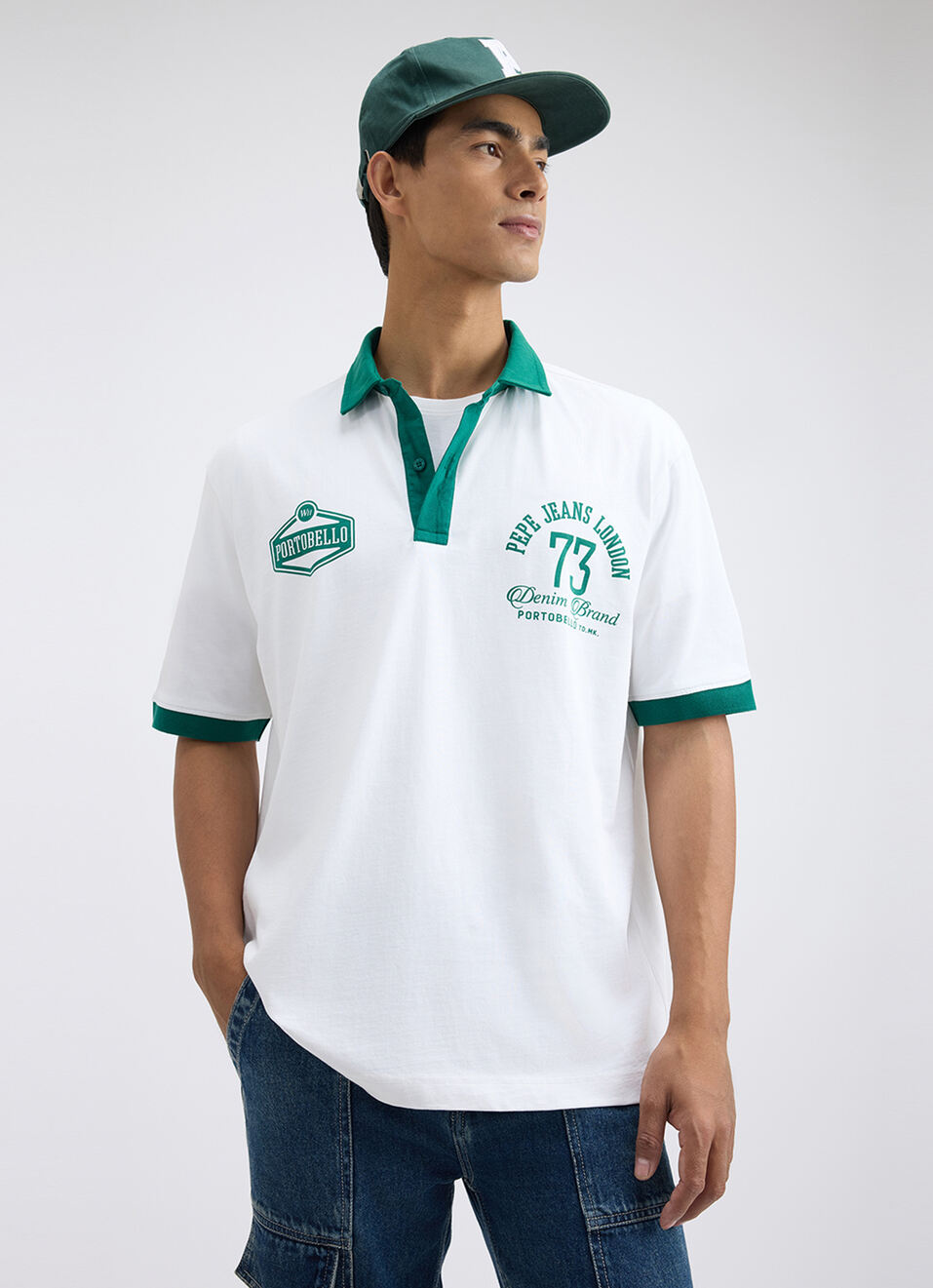 Men White Graphic Print Short Sleeve Oversized Polo, , large image number 0
