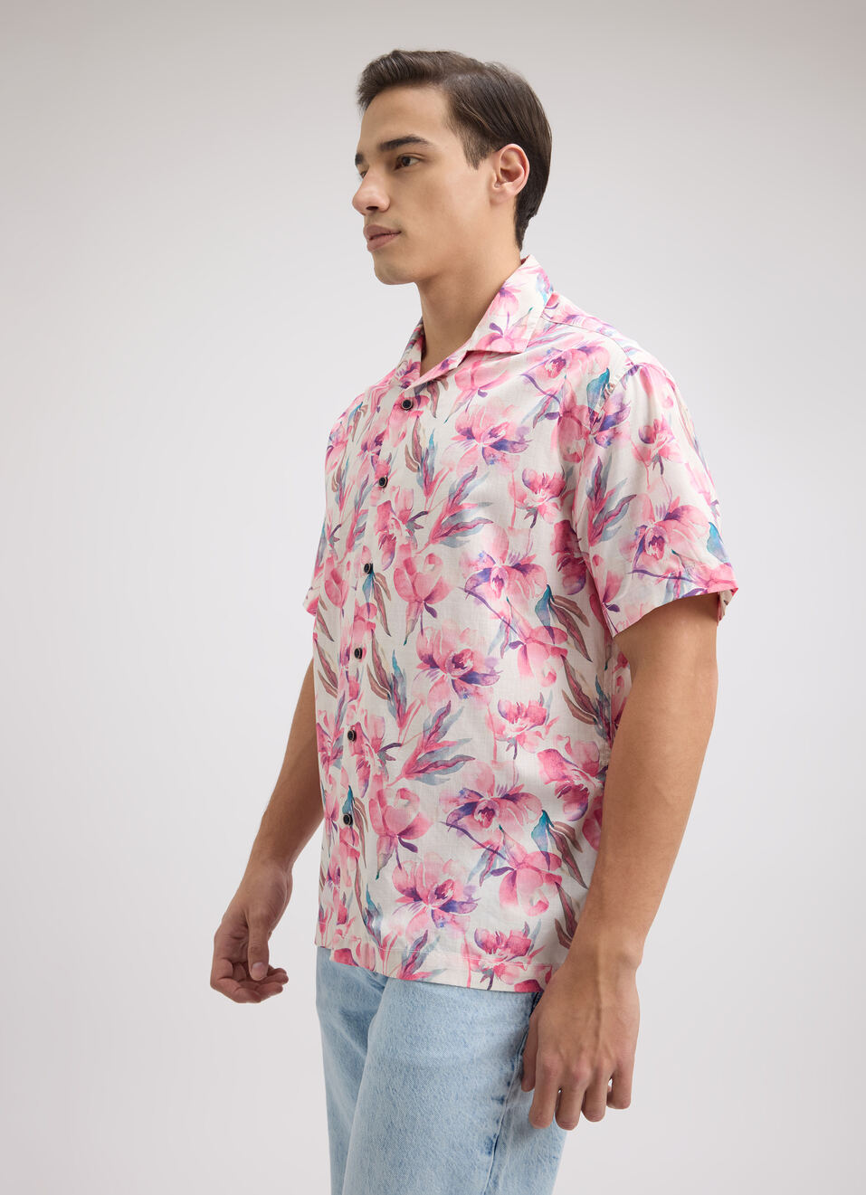 Men Peach Floral Print Resort Collar Shirt, , large image number 3