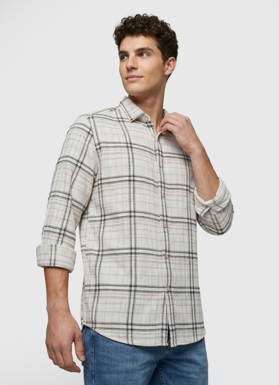 Men Beige Checked Dobby Long Sleeve Shirt, , large image number 3