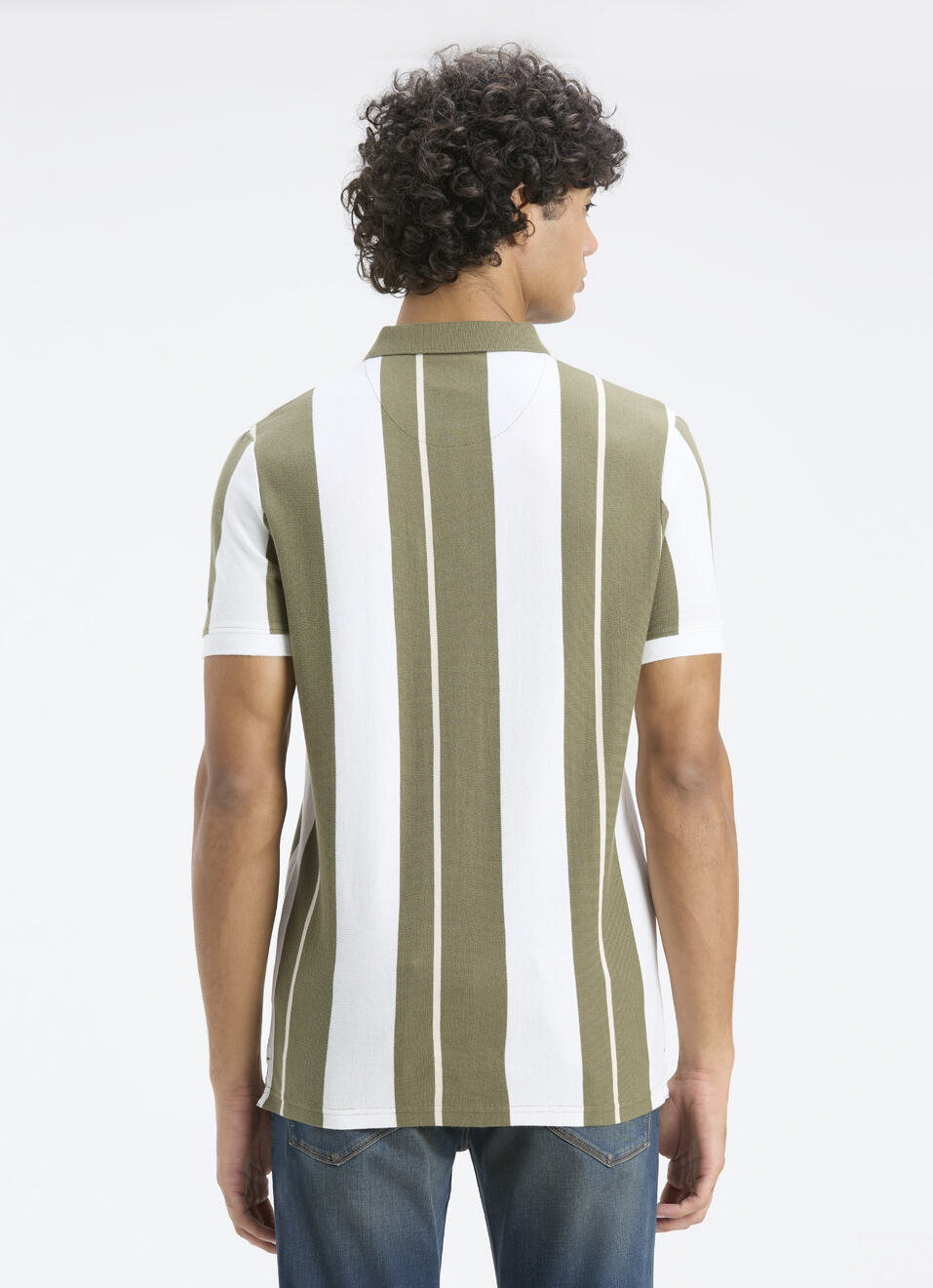 Men Olive & White Vertical Stripe Polo, , large image number 2