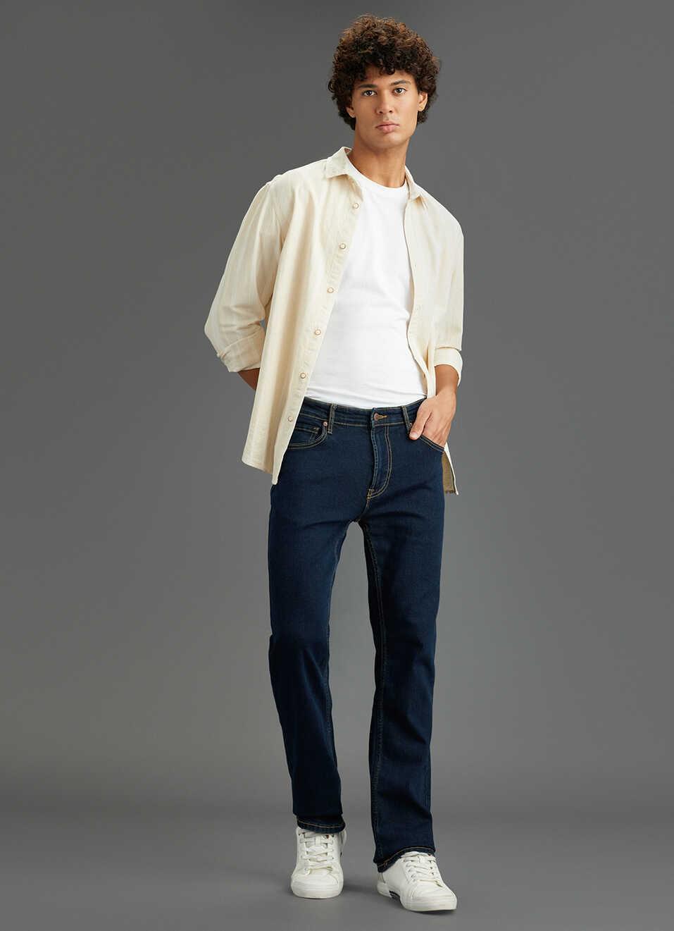 Men Navy Blue Mid Rise Straight Fit Jeans, , large image number 1