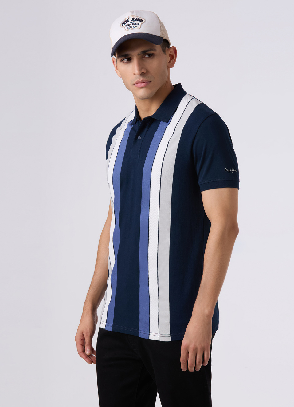 Men Navy Regular Fit Striped Polo, , large image number 0