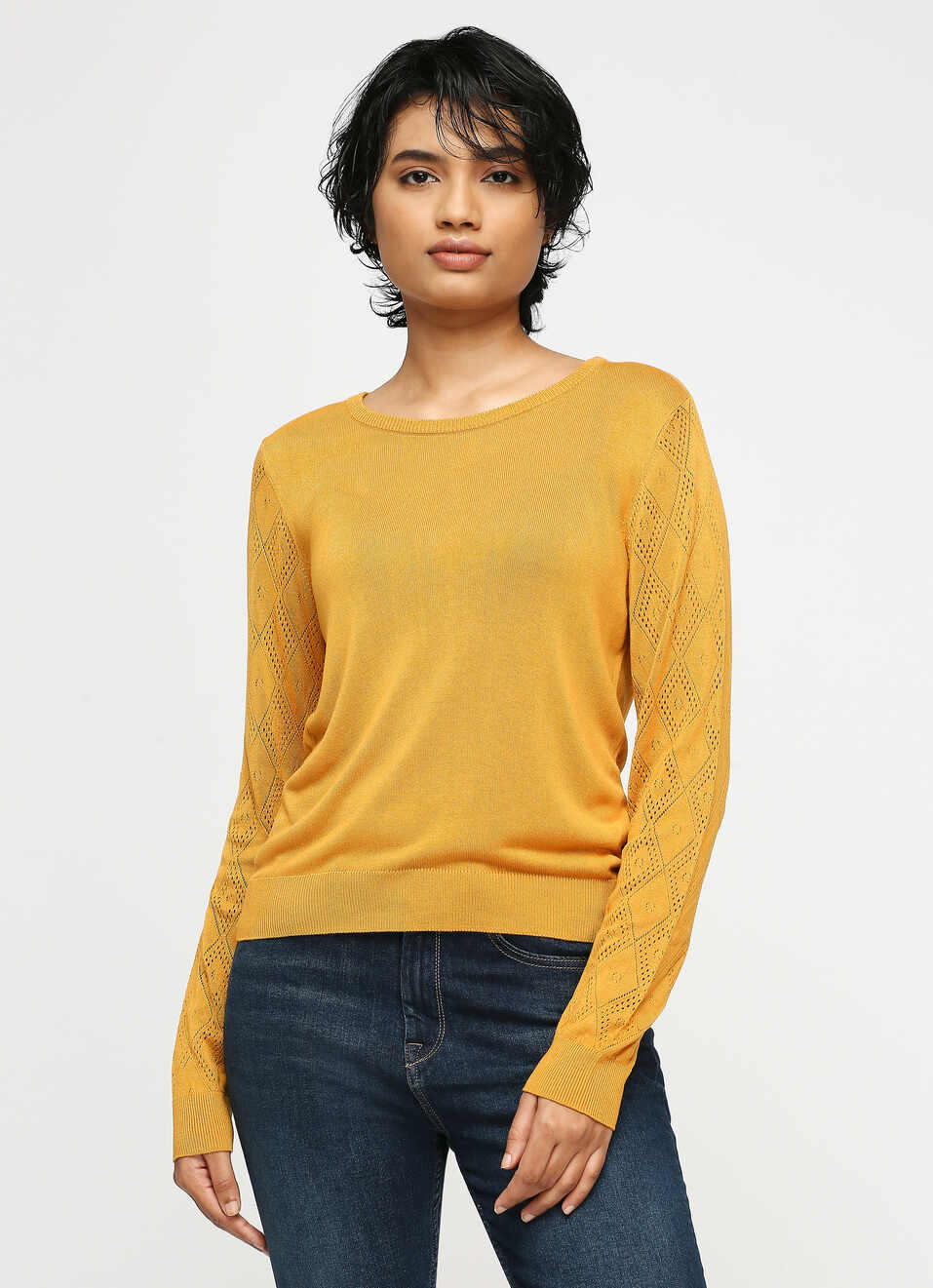 Yellow Round Neck Full Sleeve Sweater, , large image number 1