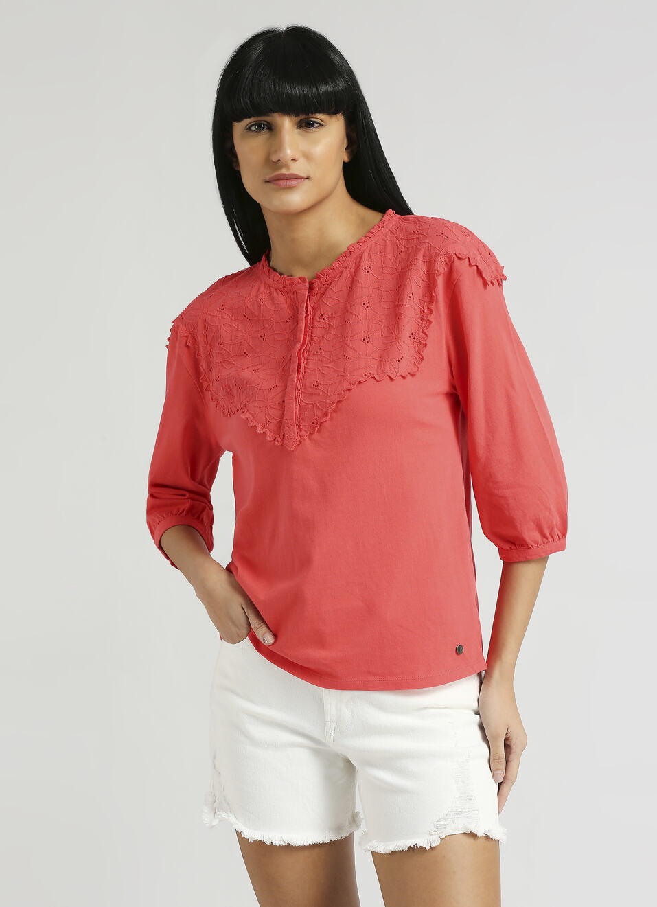 Red Lace Detail Half Button Placket Top, , large image number 0