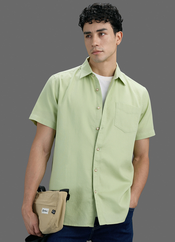 Men Lime Green Solid Dobby Short Sleeve Shirt