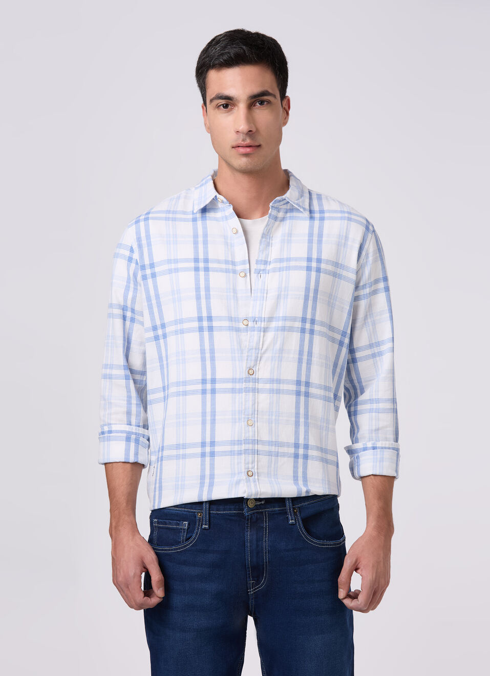 Men Sky Blue Checked Shirt, , large image number 0