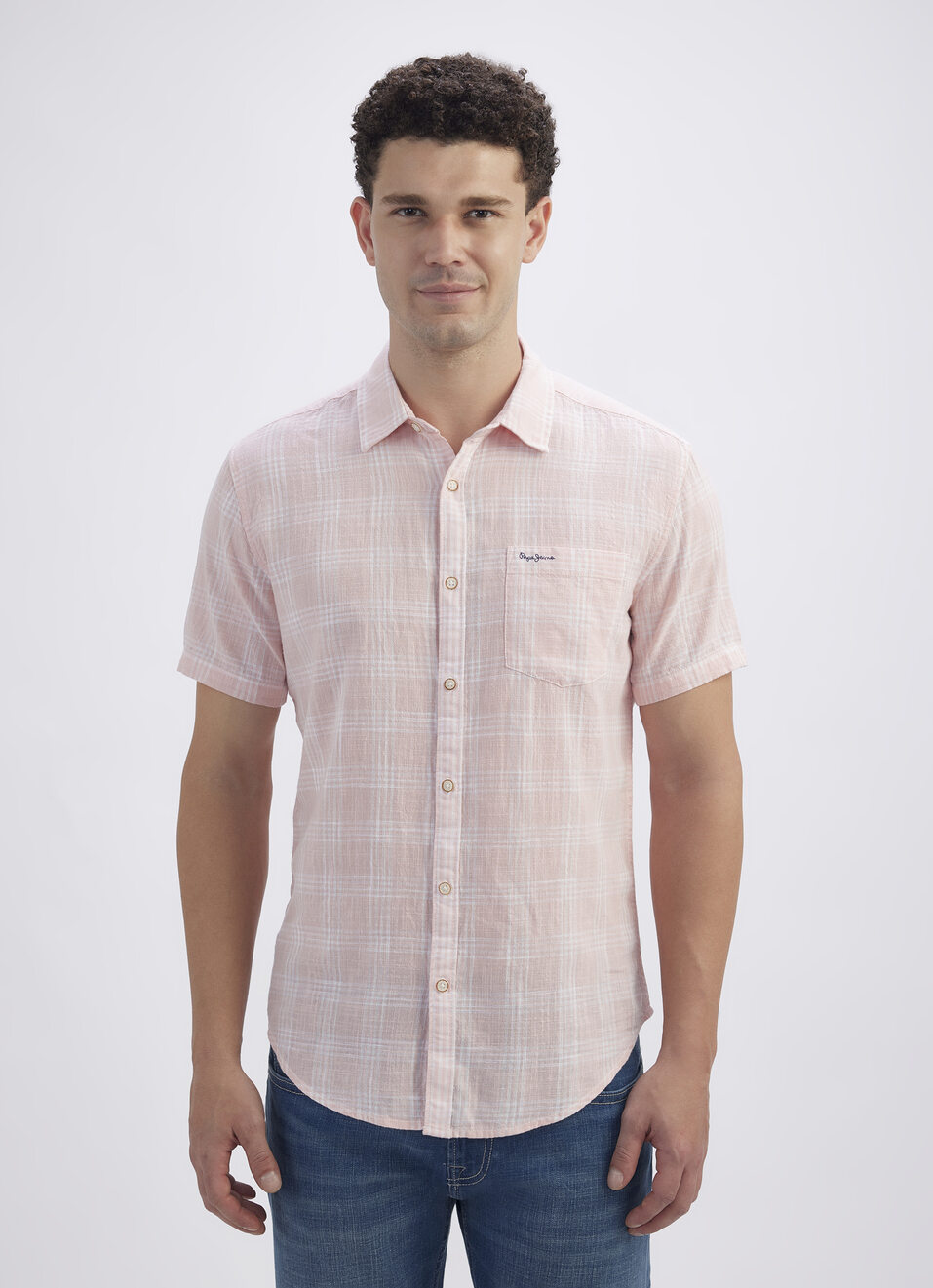 Men Peach Check Short Sleeve Shirt, , large image number 1