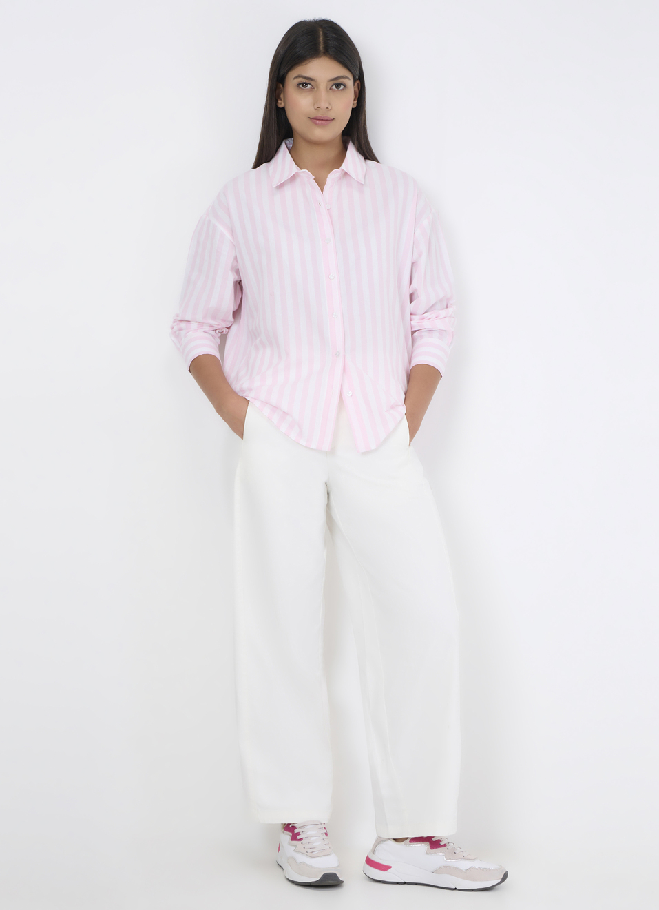 Women Pink Striped Oversized Shirt, , large image number 5