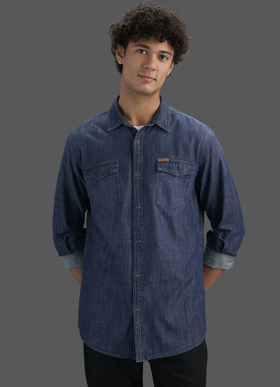 Men Dark Blue Long Sleeve Denim Shirt, , large image number 5