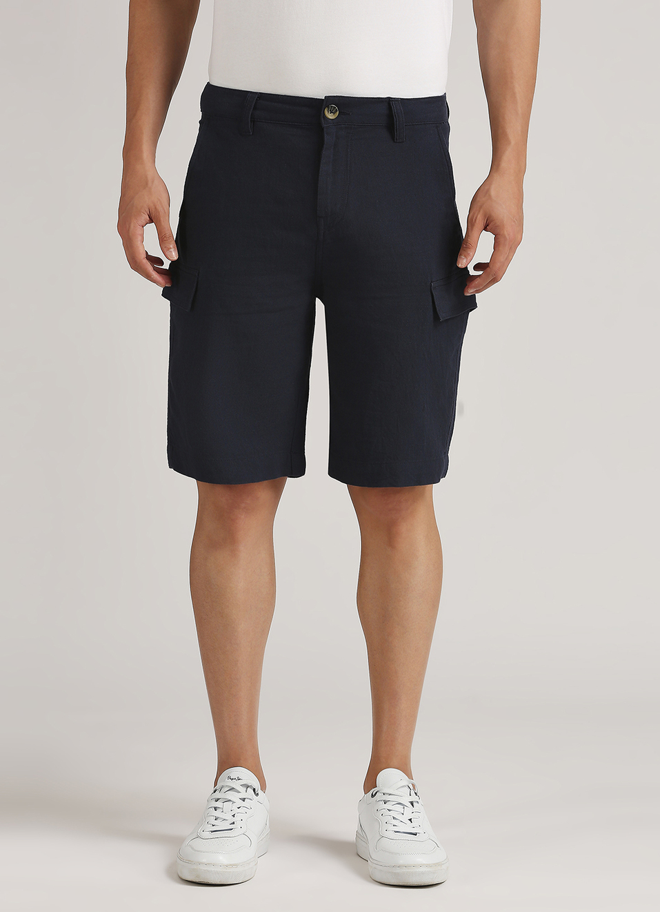 Navy Back Welt Pockets Linen Cargo Shorts, , large image number 1