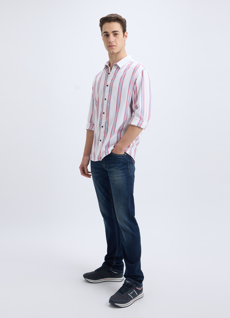 Men White Vertical Stripe Full Sleeve Shirt, , large image number 5