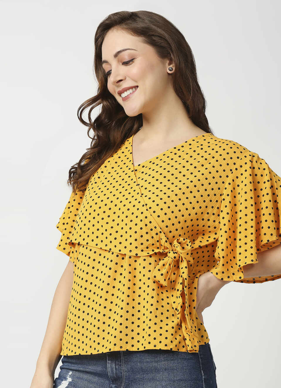 Lille Polka Dot Overlap Top With Flutter Sleeve, , large image number 0