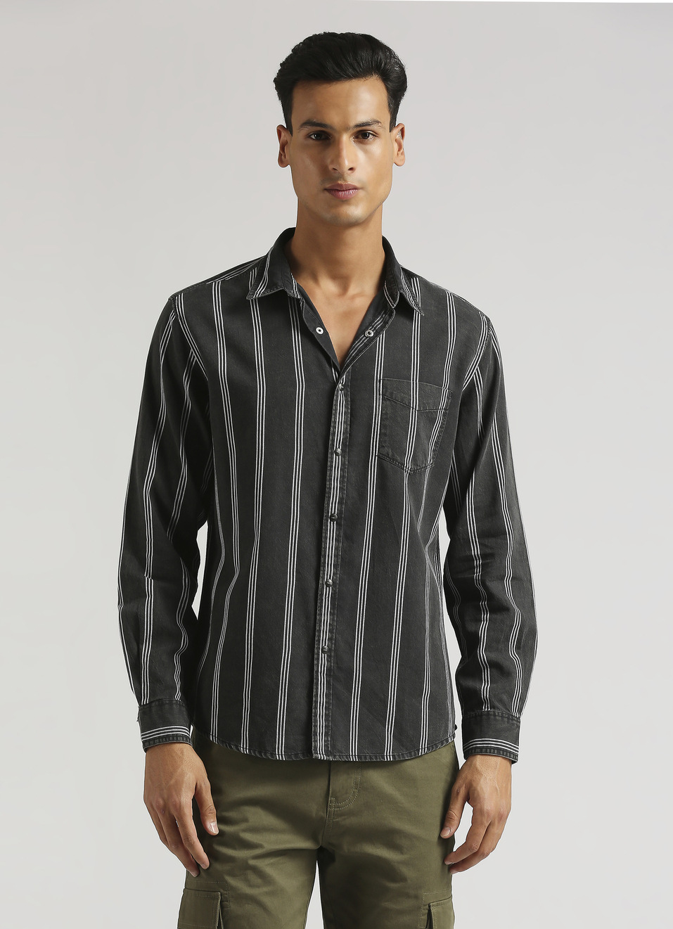 Black Yarn Dyed Sulphur Stripes Long Sleeve Shirt, , large image number 1