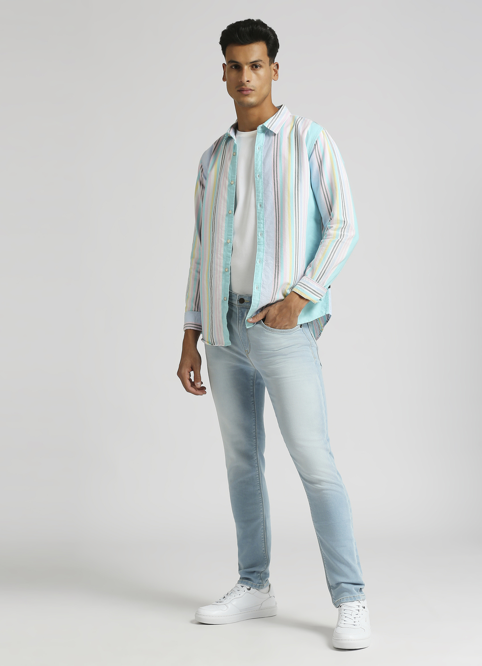 Aqua Stripes Trendy Summer Long Sleeve Shirt, , large image number 5