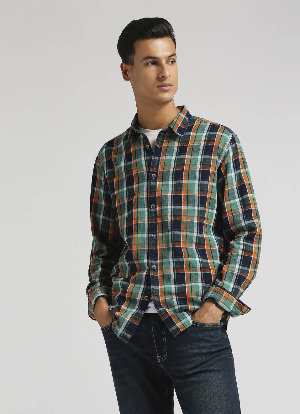 Yarn Dyed Indigo Checks Linen Long Sleeve Shirt, , large image number 0