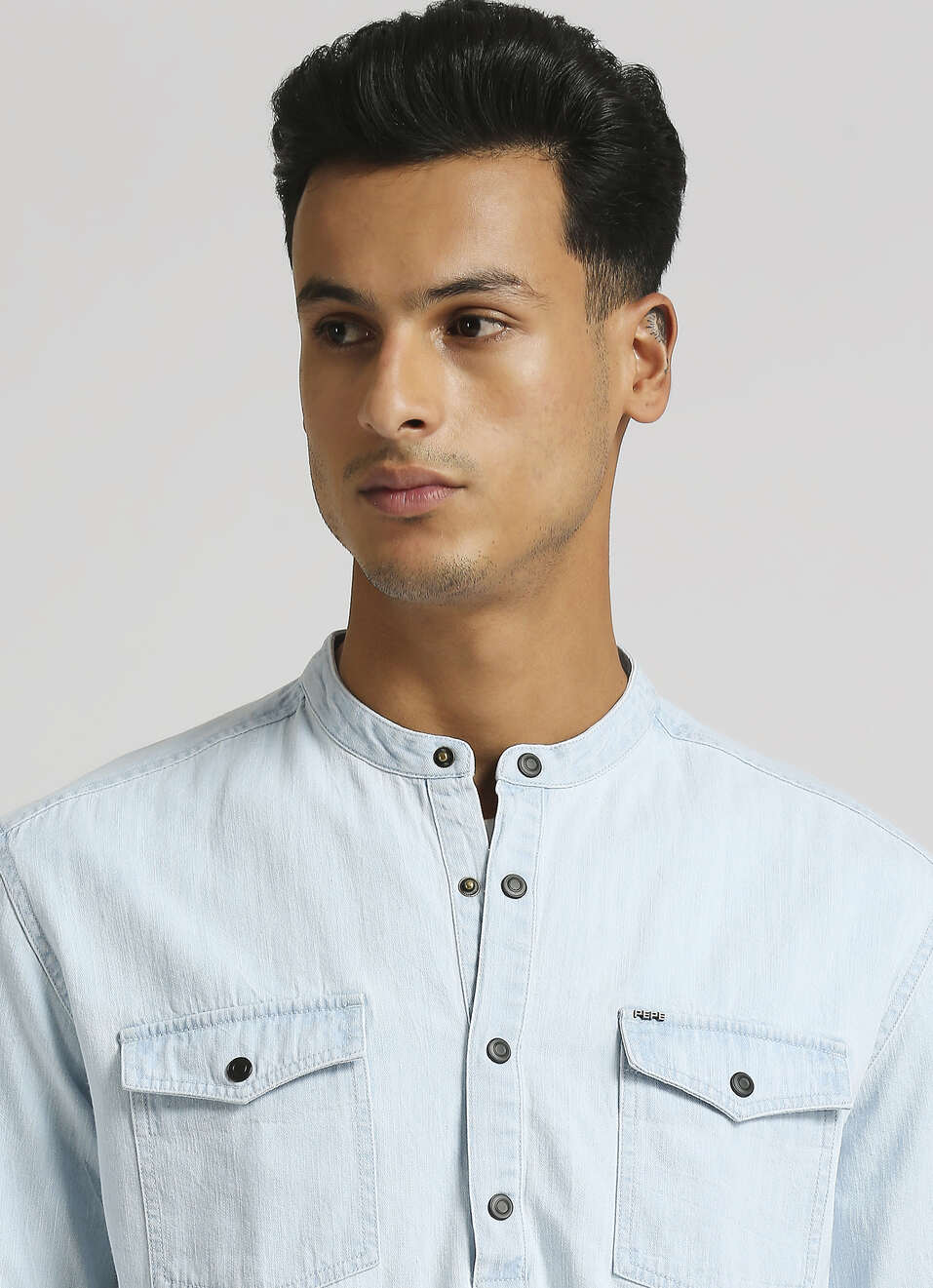 Ice Blue Mandarin Collar Kurta Placket Long Sleeve Shirt, , large image number 4