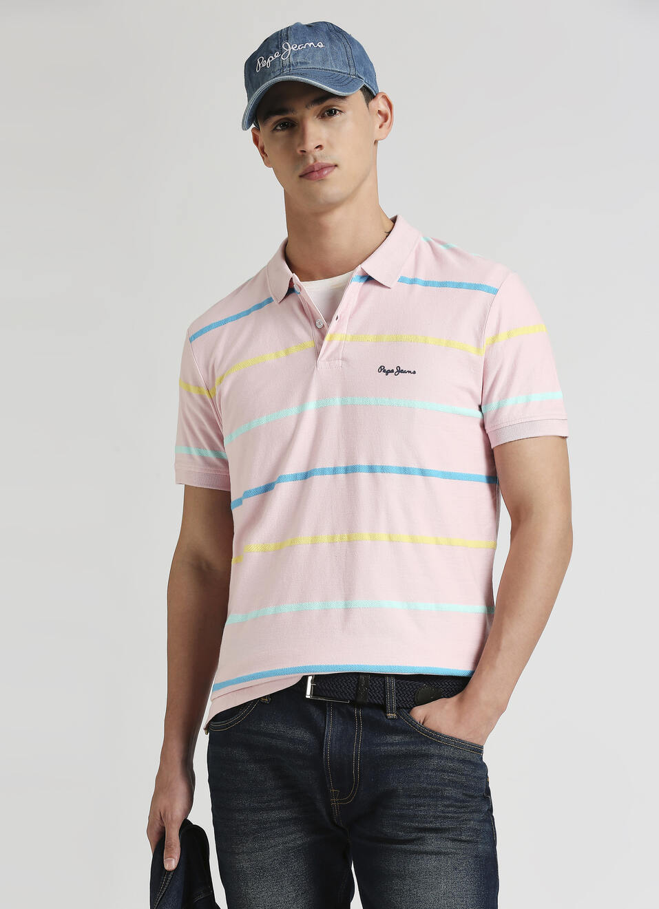 Pink Herringbone Summer Striper Polo, , large image number 0