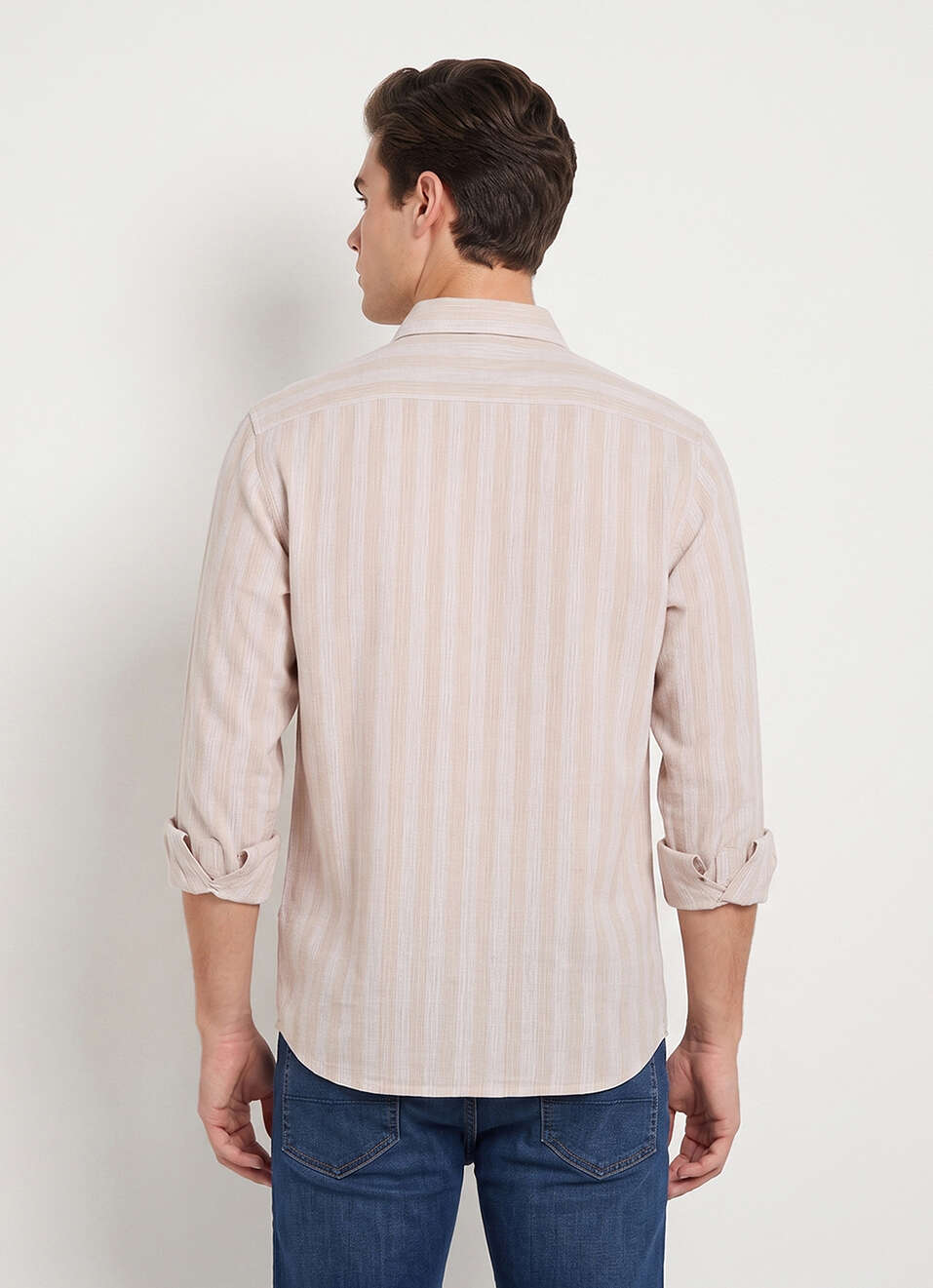 Men Beige Striped Dobby Long Sleeve Shirt, , large image number 2