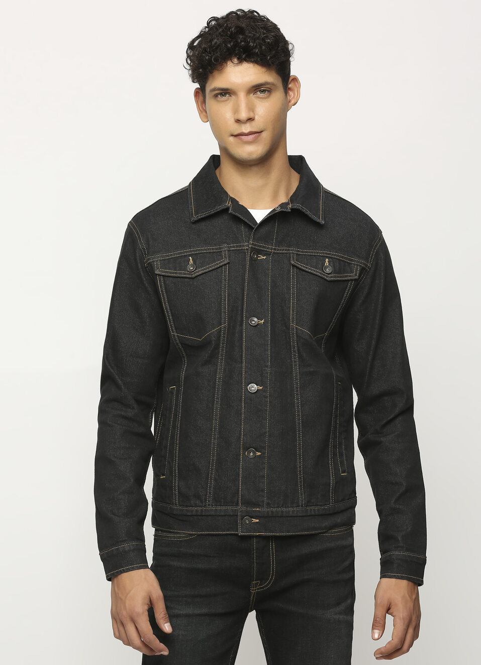 Black Front Pocket Trucker Fit Denim Jacket, , large image number 1