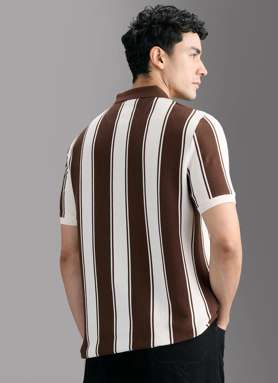 Men Brown Striped Polo T-shirt, , large image number 6