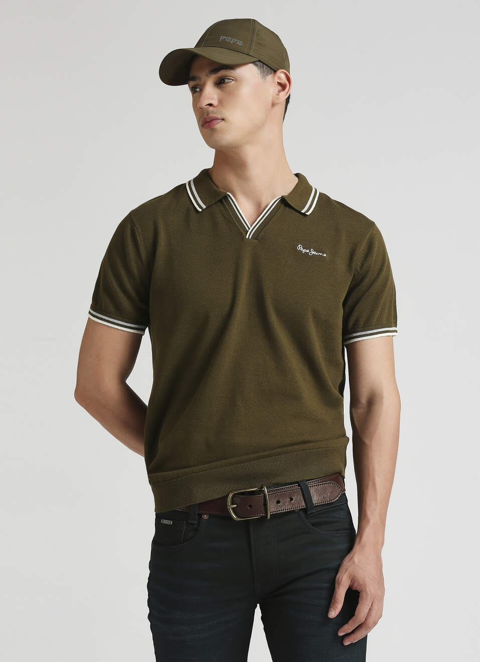 Olive Jonny Collar Short Sleeve Knitted Top, , large image number 0