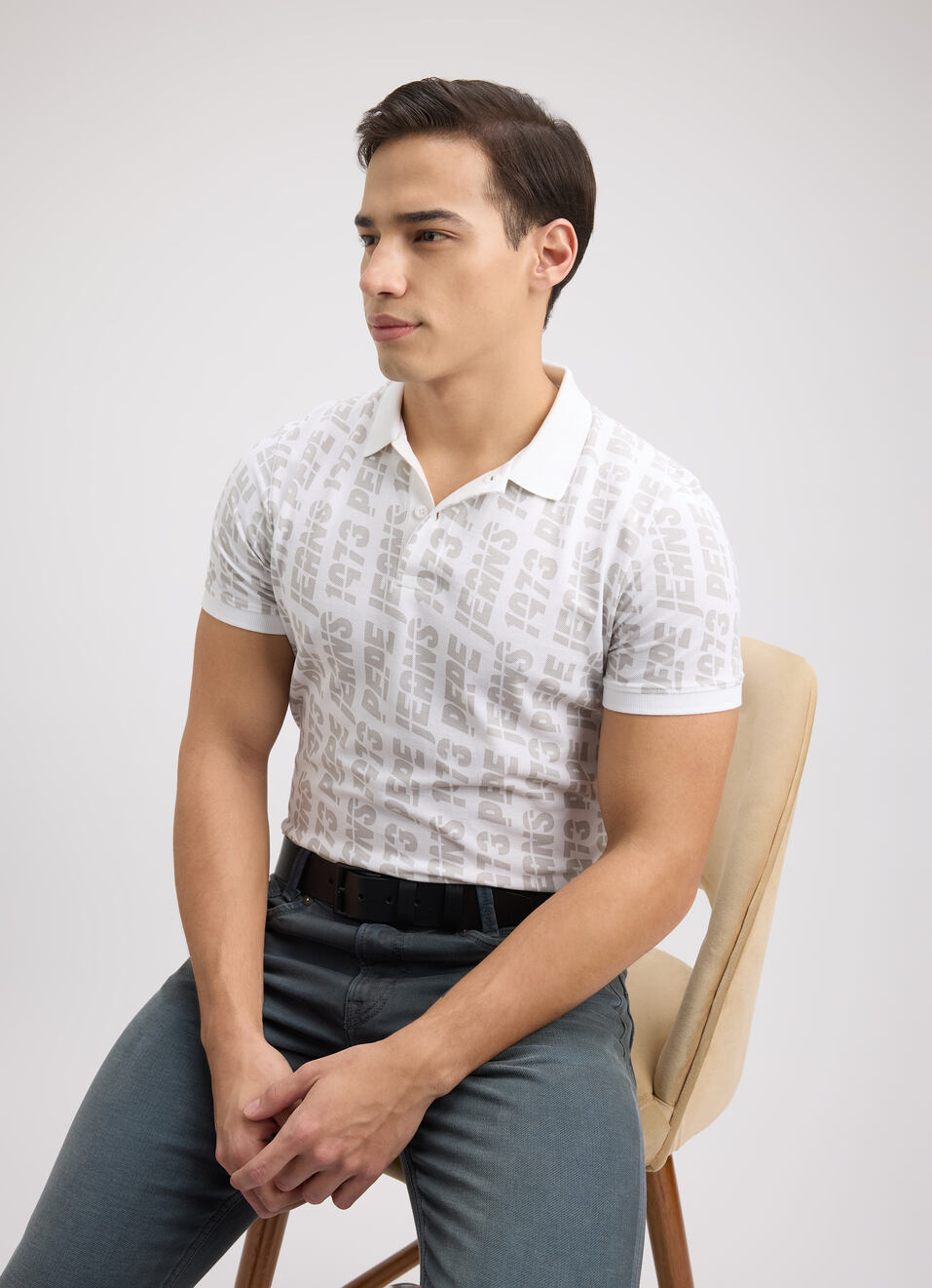 Men White Typographic Print Short Sleeve Polo, , large image number 0