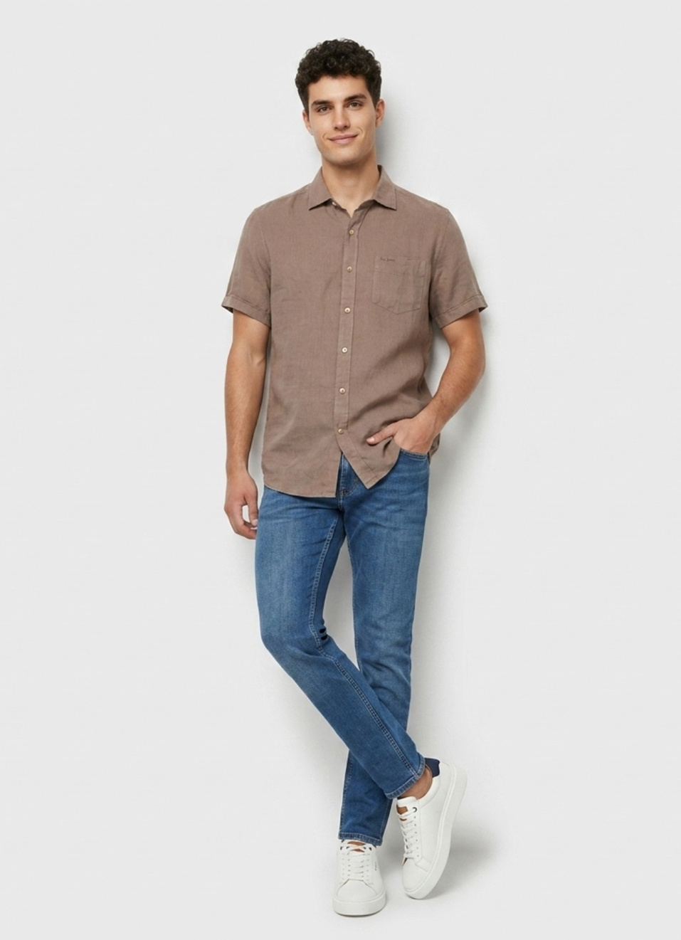 Men Brown Solid Pure Linen Short Sleeve Shirt, , large image number 5