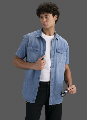Men Blue Short Sleeve Denim Shirt