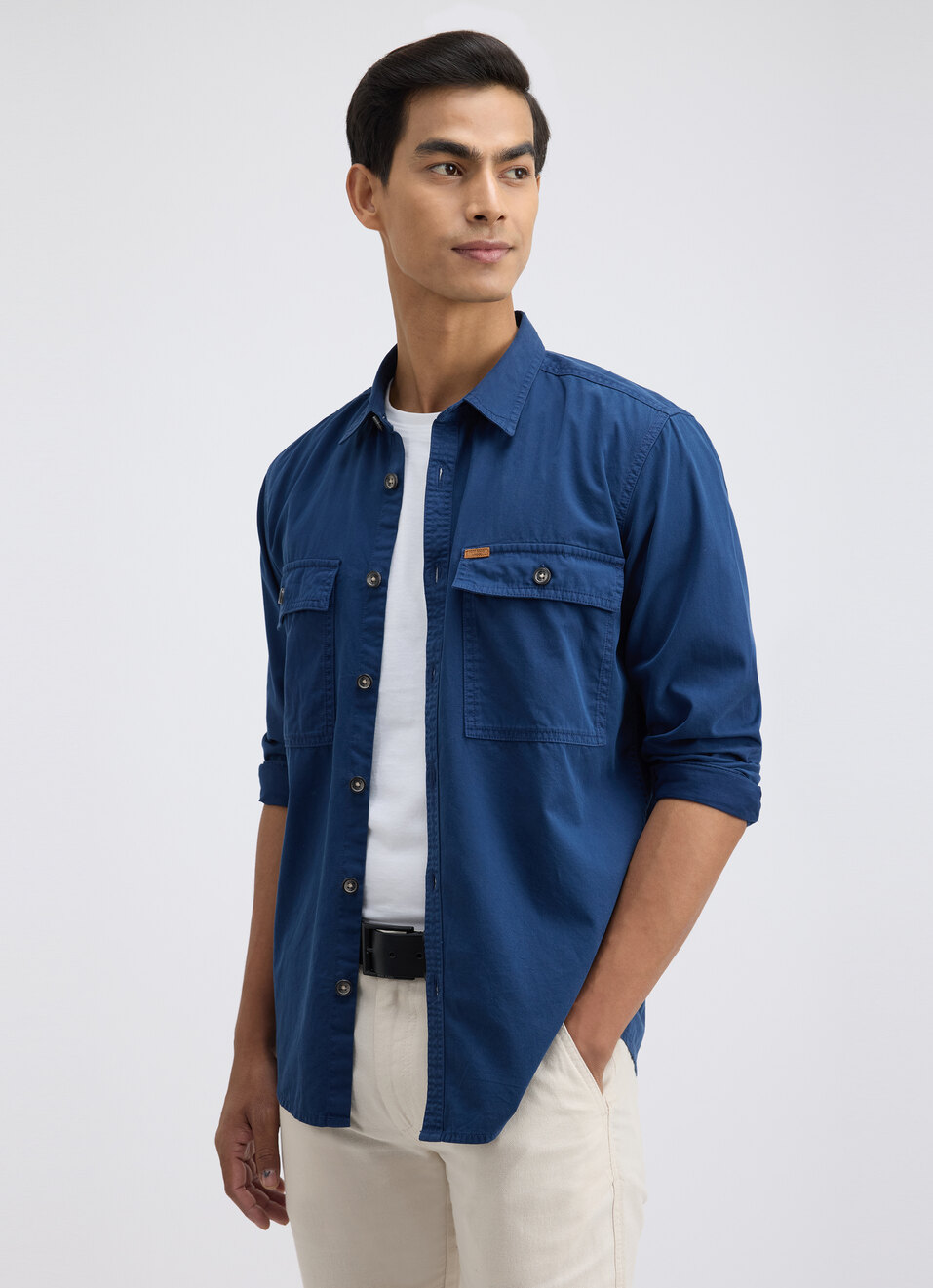 Men Blue Overdyed Full Sleeve Cargo Shirt, , large image number 0
