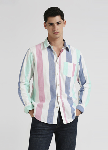 White Broad Stripes Yarn Dyed Long Sleeve Shirt