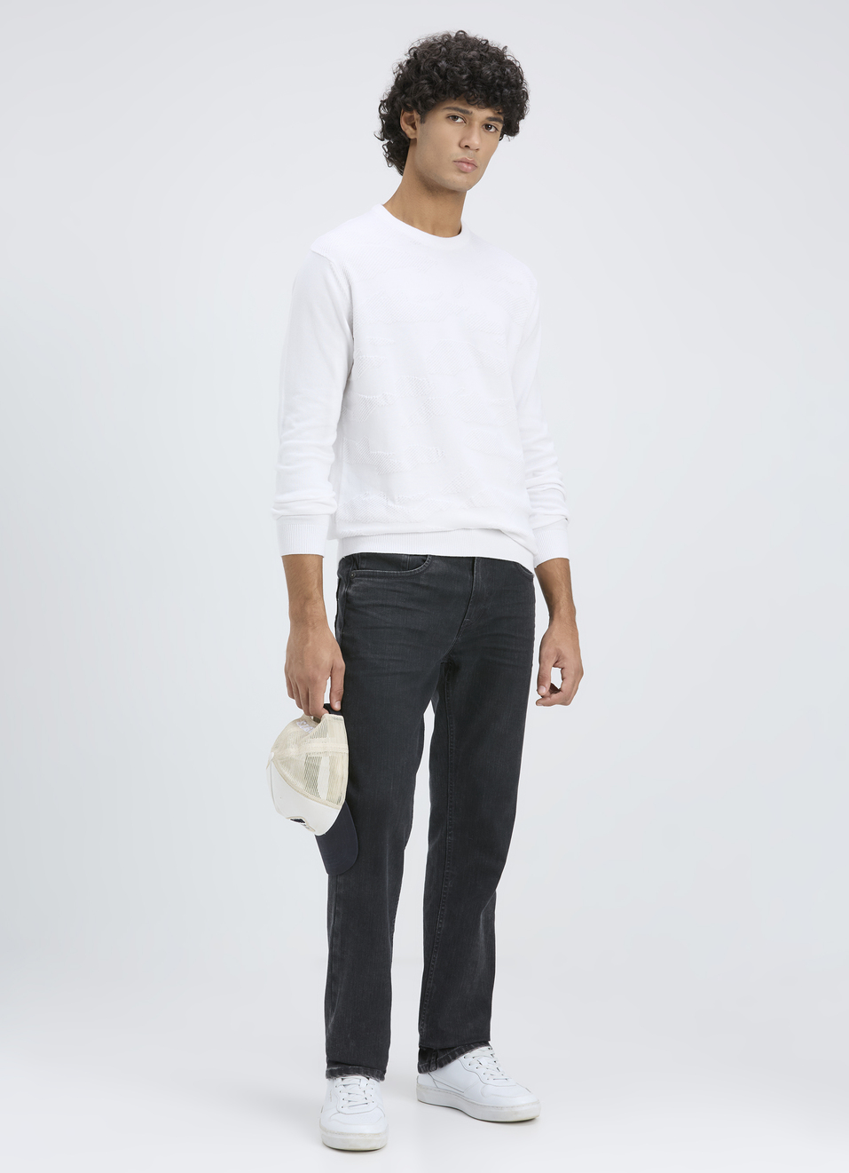 Men White Self Structure Full Sleeve Flat Knit Sweater, , large image number 5