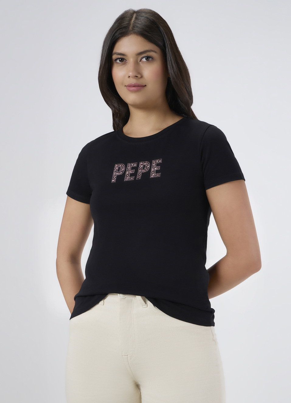 Women Black Embellished T-shirt, , large image number 0